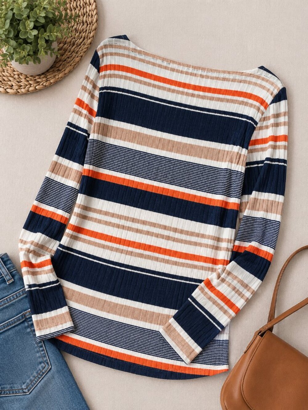 DKNY Ribbed Striped Knit Top Large Navy Orange Beige Boat Neck Stretch Sweater